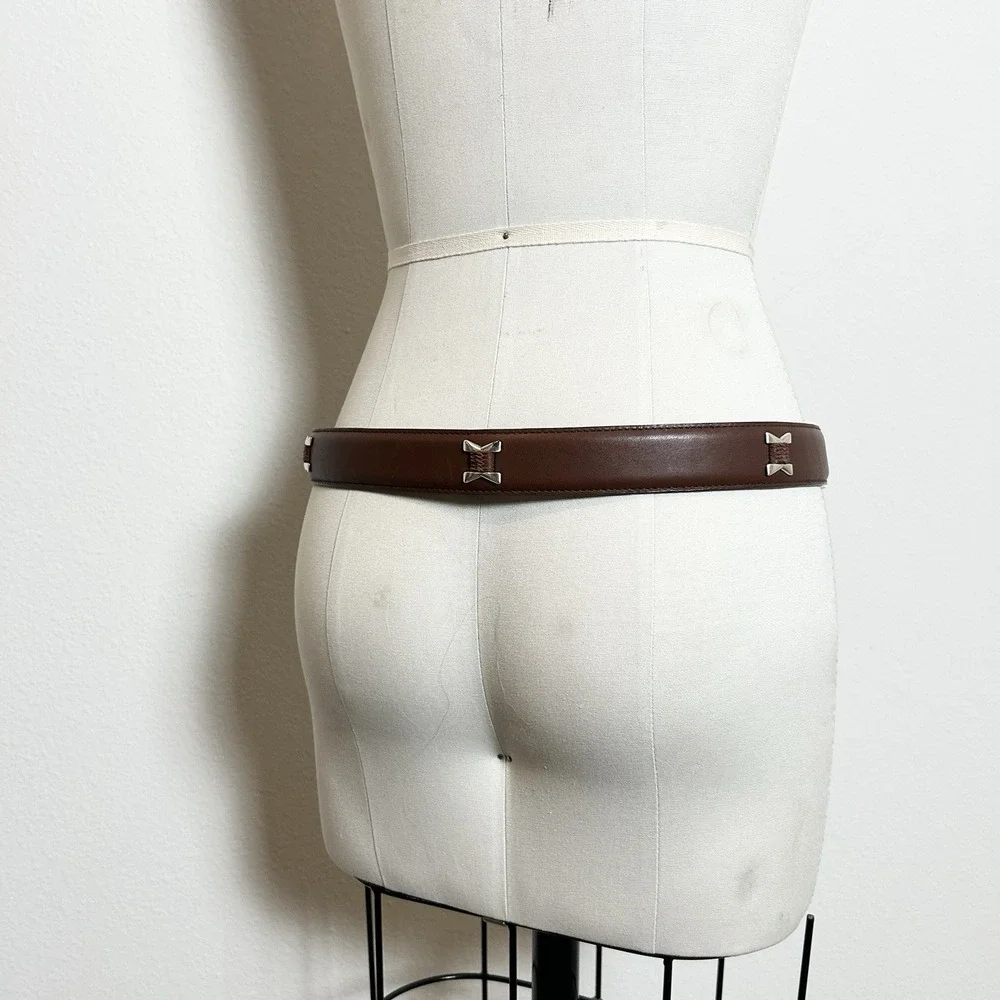 Vintage 100% Genuine Leather Brown Western-Style Unisex Belt Silver‎ Hardware